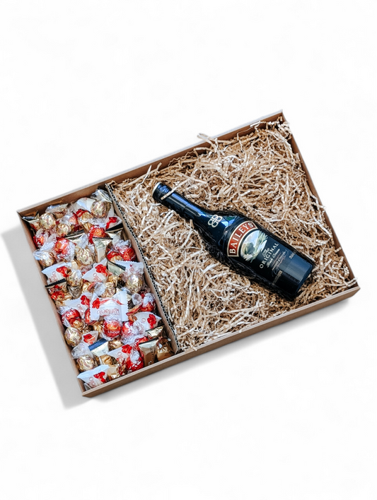 Gift Hamper featuring 700ml Baileys Irish Cream and a mix of Chocolate, including: Ferrero Rocher, Lindt, Raffaello, and Mini Toblerone.
