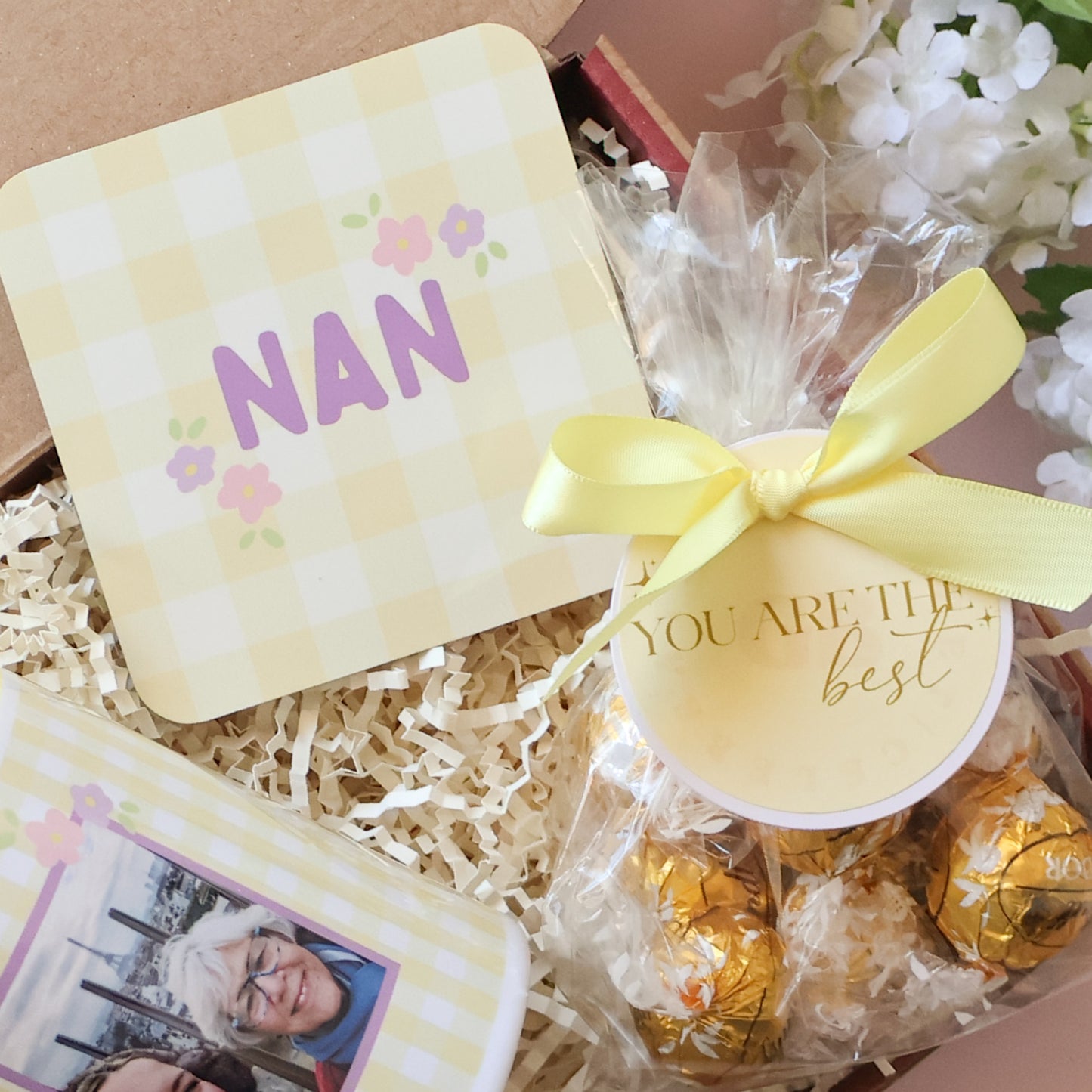 NAN yellow gingham floral coaster and gold Lindt truffles with yellow bow — Mini Mother's Day gift set Perth by The Goodie Box