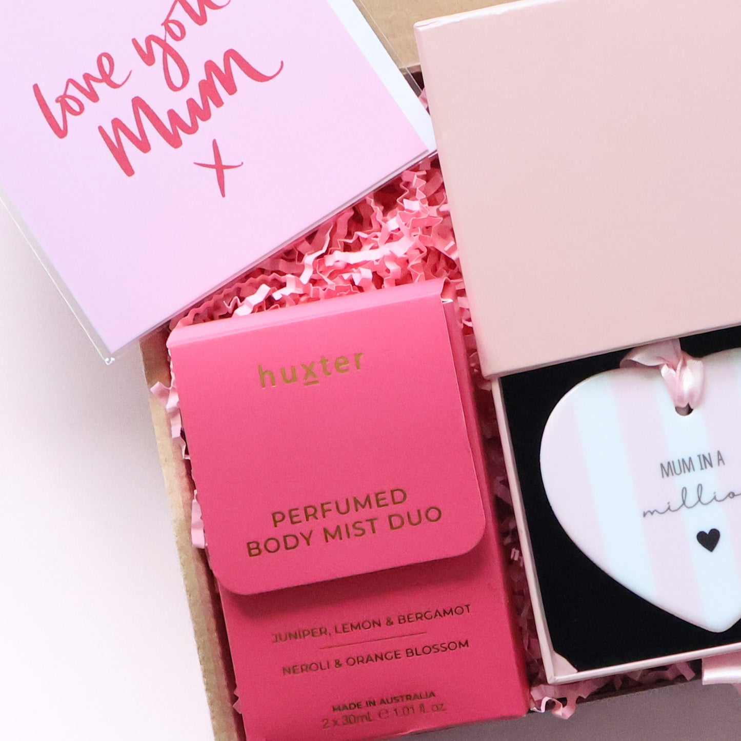 Huxter Perfumed Body Mist Duo and Mum in a Million ceramic heart keepsake detail — Mother's Day gift box Perth by The Goodie Box