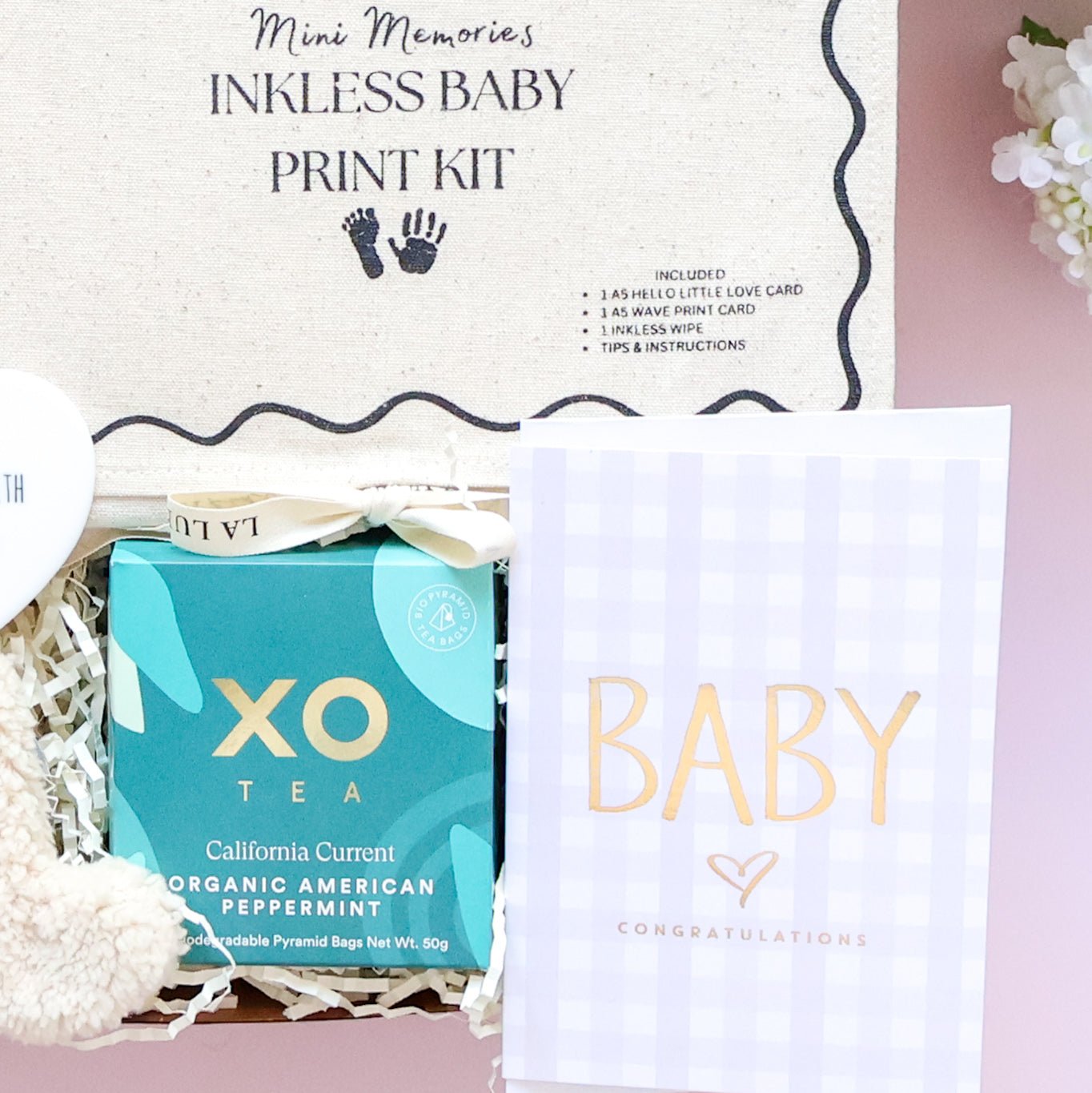 Personalised New Baby Gift Box contents including inkless baby print kit, XO Tea and Baby Congratulations card