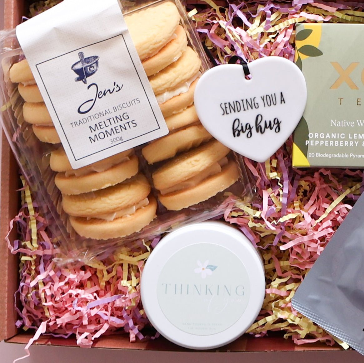 Melting moments, Thinking of You candle and big hug ceramic heart in a sending you comfort gift hamper