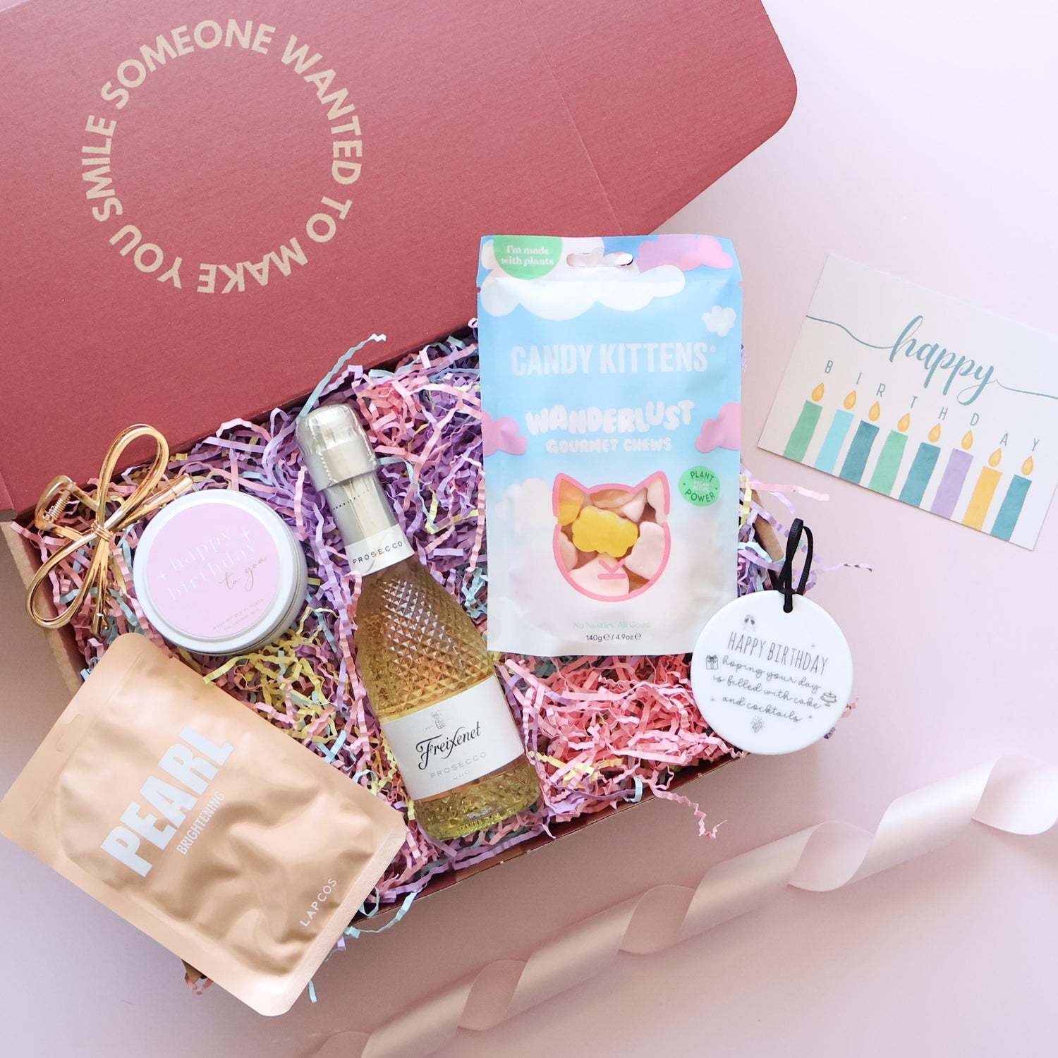 Birthday Gift boxes with face mask, candle tin Freixinet prosecco, candy kittens, happy birthday ceramic keepsake
