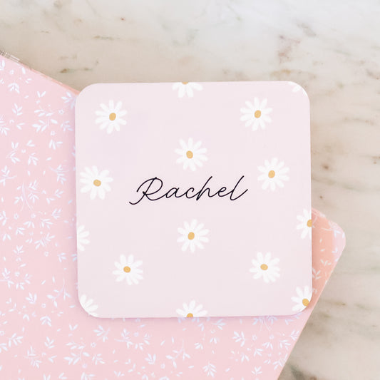 Personalised name daisy coaster in blush pink with white daisies and custom name in script font on pink wrapping paper and marble – Goodie Box gift box add-on Perth