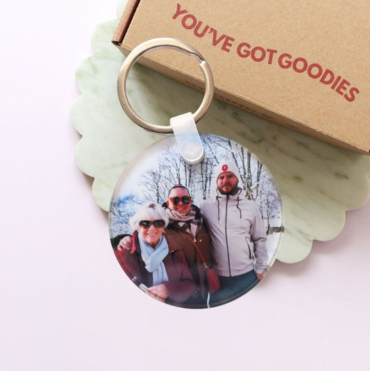 Keychain with a photo of three people on a white background