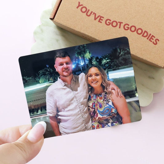personalised photo magnet with a photo of a couple in front of a 'You've Got Goodies' box.