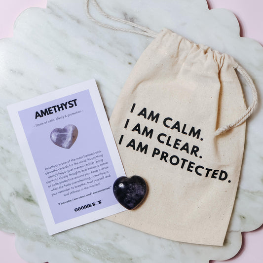 Amethyst crystal heart with affirmation drawstring bag and information card – Goodie Box gift box add-on Perth
