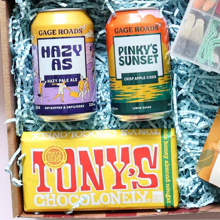 Birthday beers gift box detail showing GB mini lolly box and Nutworks manuka honey macadamias Perth