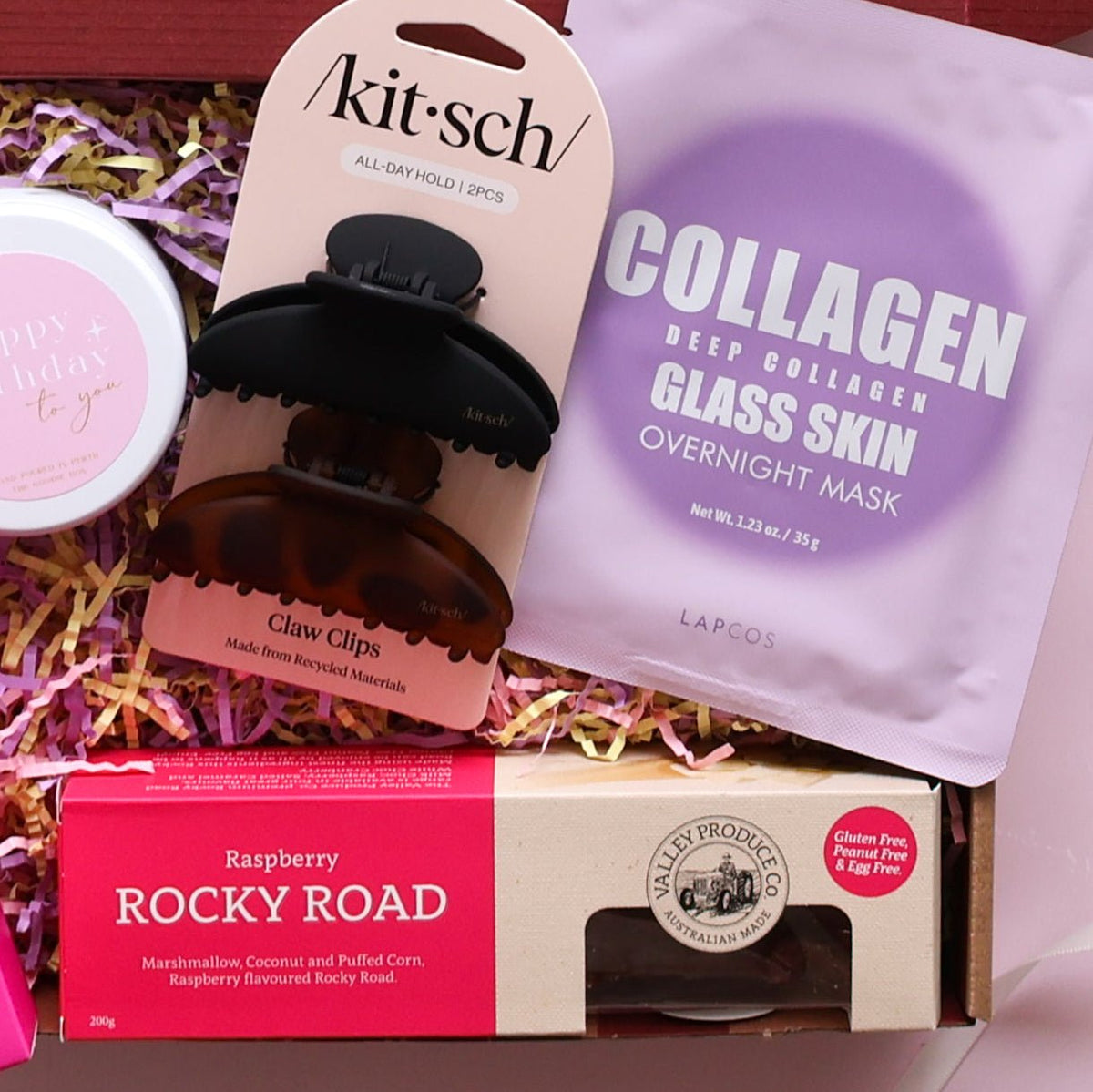 Kitsch claw clips, Lapcos collagen overnight mask and raspberry rocky road in a birthday gift box for her