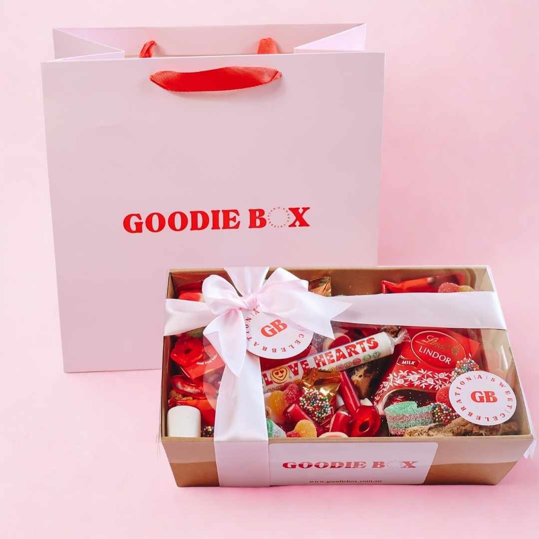 Brighten My Bestie's Day sweet gift hamper Perth with white satin bow and branded gift bag