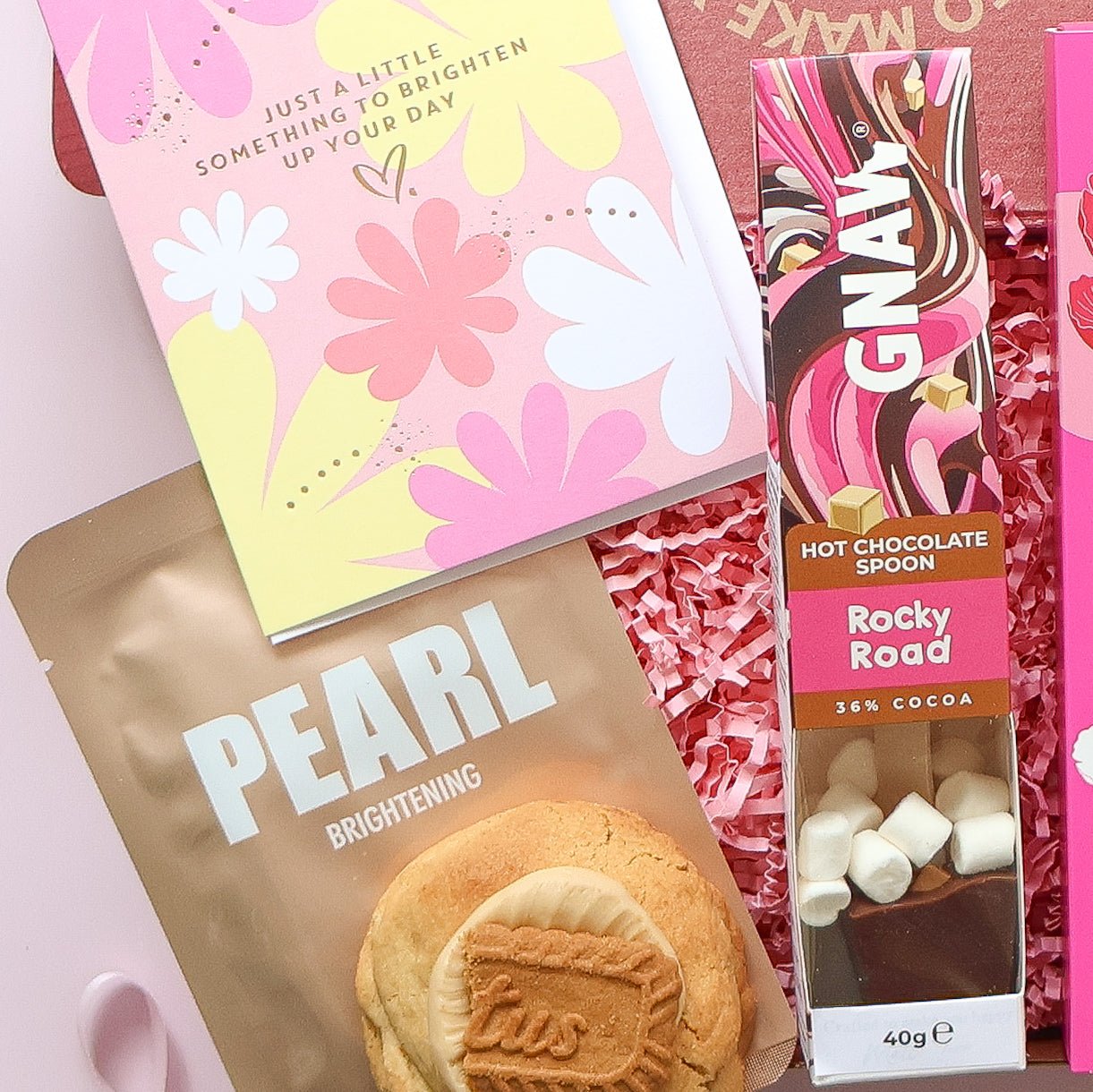 self care gift box Perth with Pearl brightening face mask, greeting card and Gnaw rocky road hot chocolate spoon