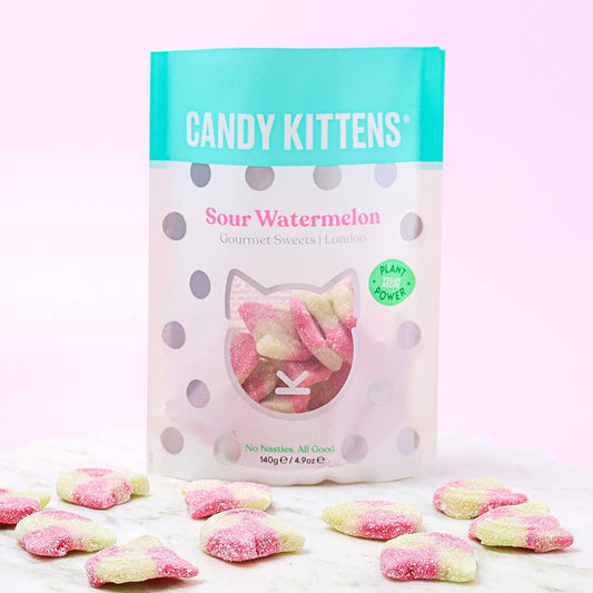 Candy Kittens Sour Watermelon gummy candy package with candies on a white background