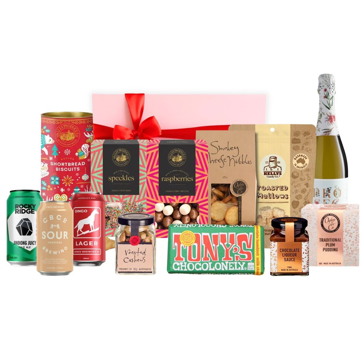 Christmas Share Hamper with Rocky Ridge, CBCo and Dingo beers, prosecco, shortbread, speckles, chocolate raspberries, smokey cheese nibbles, toasted mallows, Tony's Chocolonely, plum pudding and chocolate liqueur sauce in a pink gift box with red ribbon