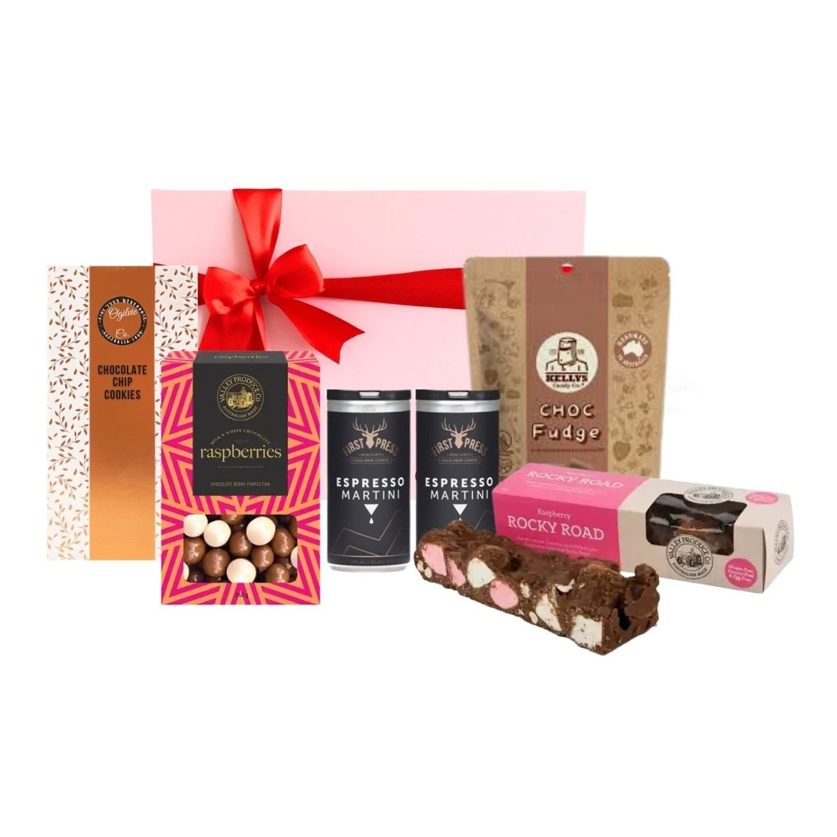 Cocktails & Treats Gift Hamper with two  espresso martinis, chocolate chip cookies,  chocolate raspberries, choc fudge and raspberry rocky road in a pink gift box with red ribbon