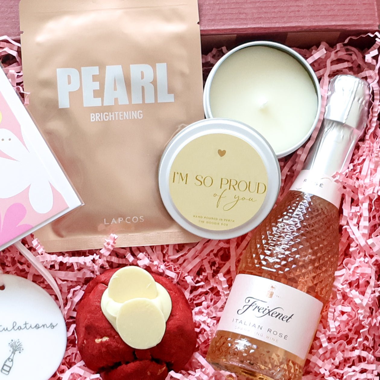 Congratulations gift box for her with greeting card, ceramic keepsake tag, face mask and sparkling rosé