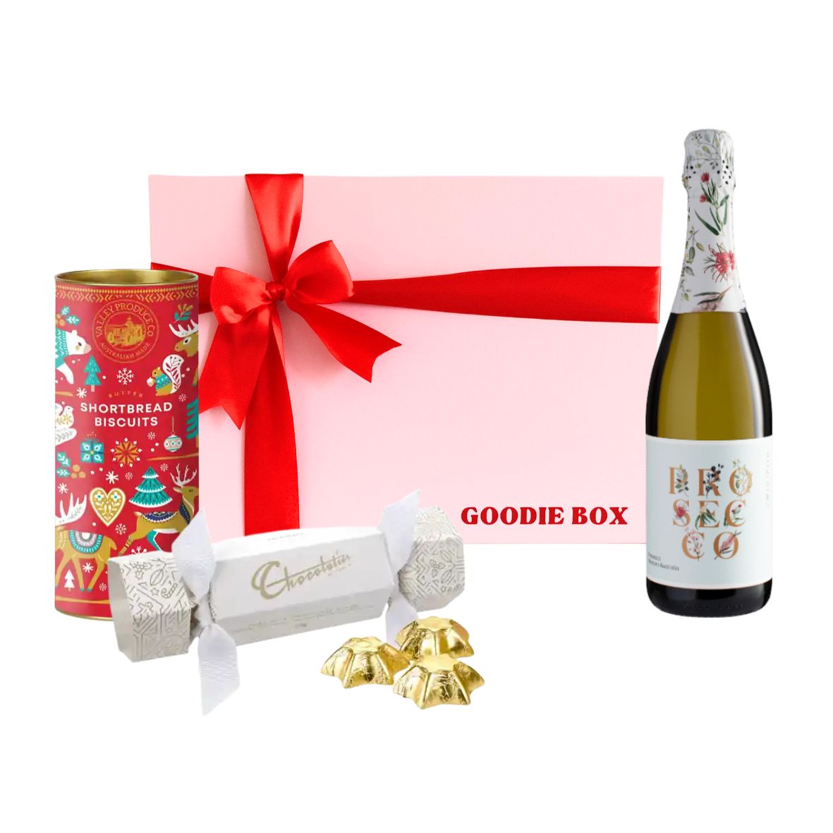 Bubbles & Christmas Delights hamper with prosecco, Valley Produce Co shortbread biscuits and Chocolatier chocolates in a pink gift box with red ribbon