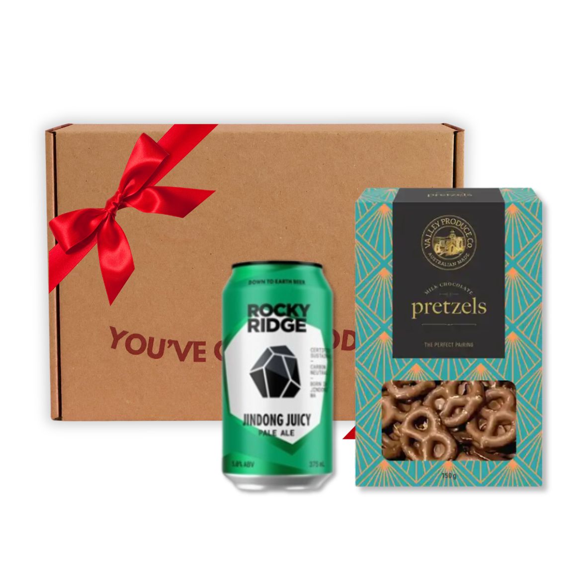 Mini Beer & Snacks Gift Box with Rocky Ridge Jindong Juicy Pale Ale and Valley Produce Co milk chocolate pretzels in a kraft gift box with red ribbon