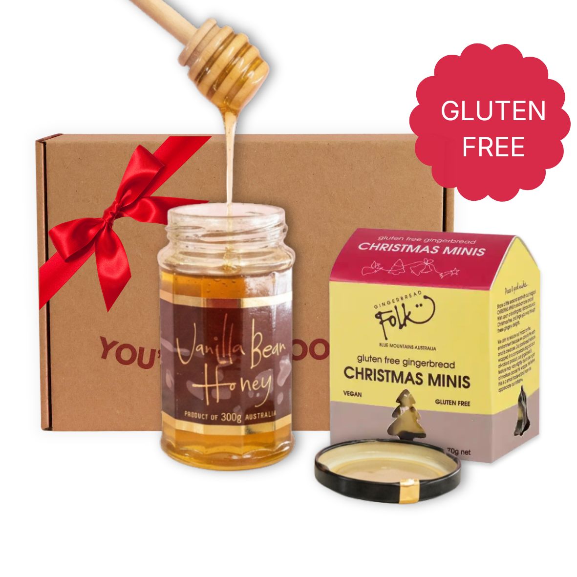 Mini Sweet Christmas Hamper with vanilla bean honey and Gingerbread Folk gluten free Christmas minis in a kraft gift box with red ribbon