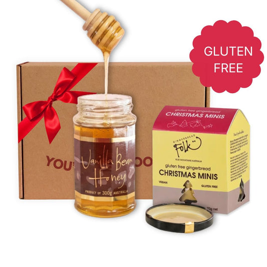 Mini Sweet Christmas Hamper with vanilla bean honey and Gingerbread Folk gluten free Christmas minis in a kraft gift box with red ribbon