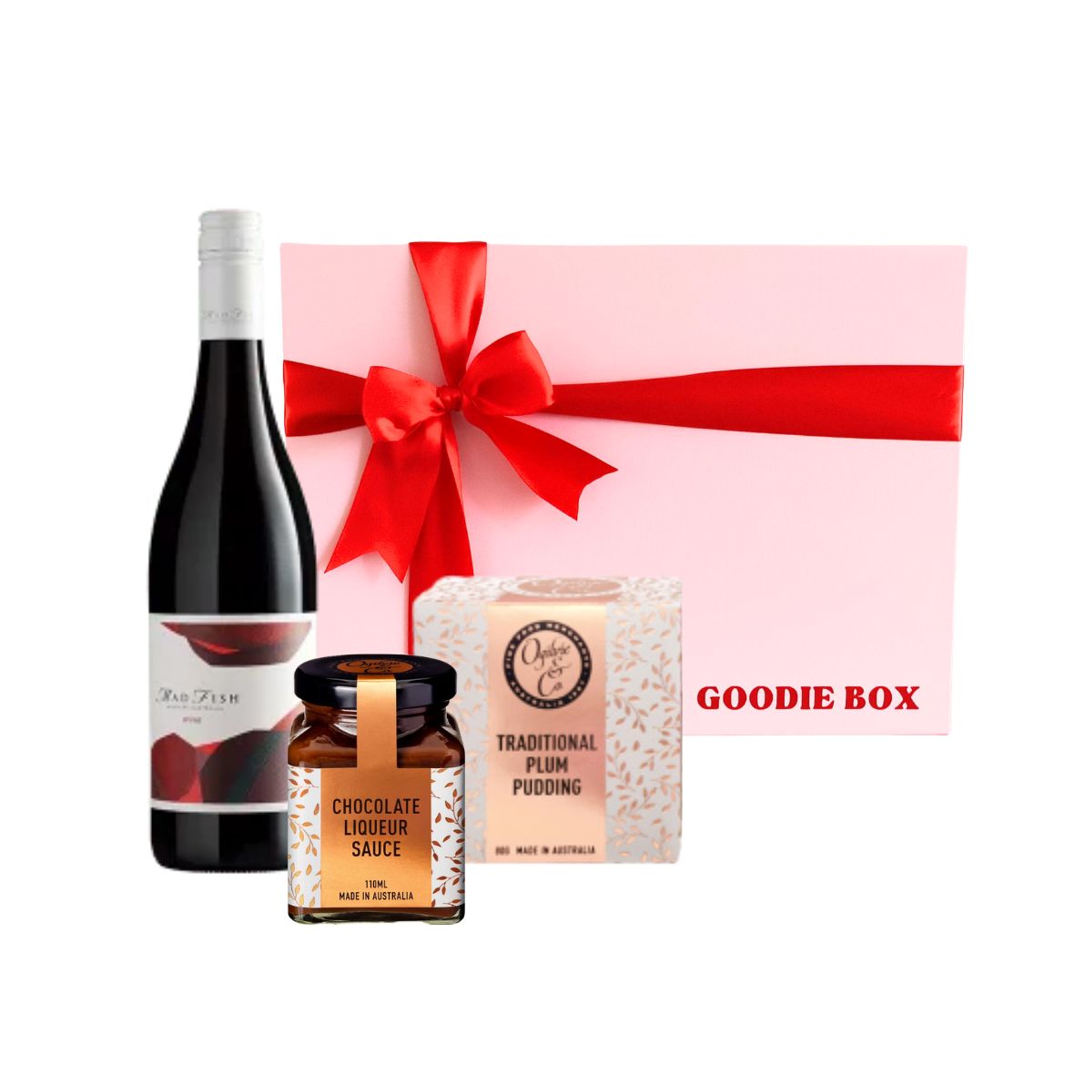 Wine & Festive Treats Gift Hamper with Madfish Shiraz, Ogilvie & Co plum pudding and chocolate liqueur sauce in a pink gift box with red ribbon