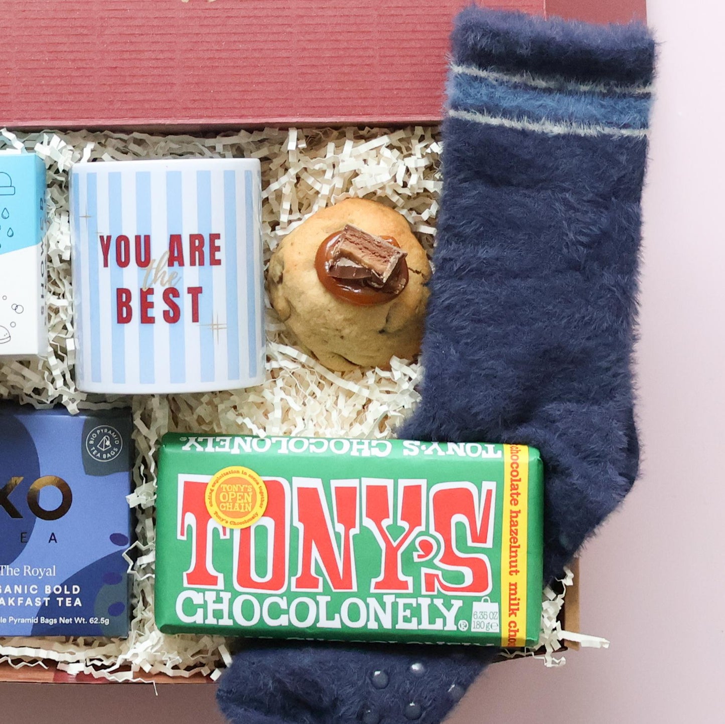 Cosy Night In mens gift hamper Perth with You Are The Best mug, loaded cookie, Tony's Chocolonely chocolate and fluffy bed socks
