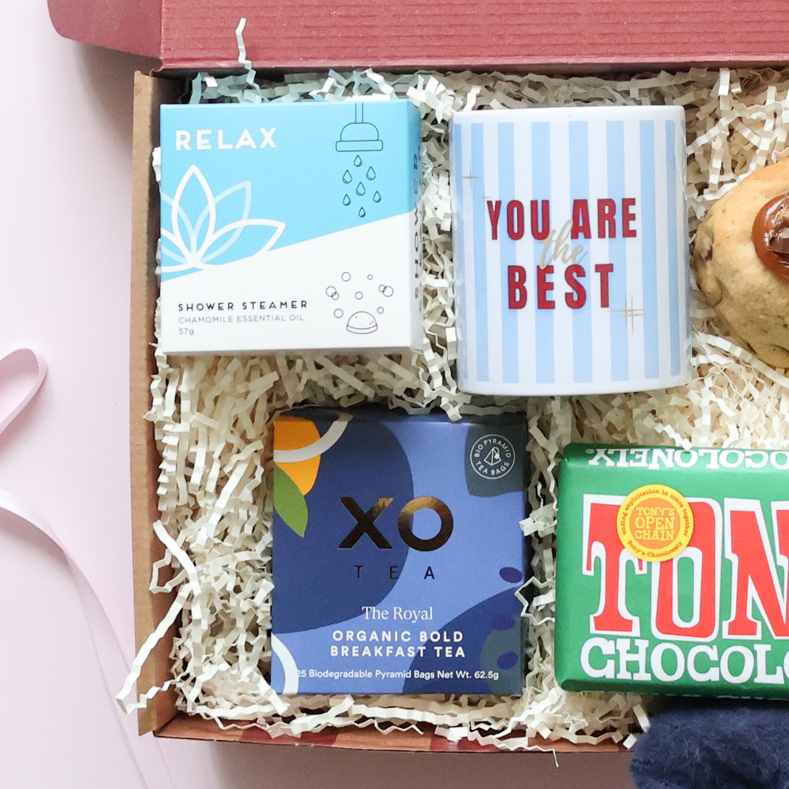 Cosy Night In mens gift hamper Perth with Relax shower steamer, You Are The Best mug, XO Tea and Tony's Chocolonely chocolate
