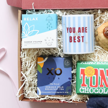 Cosy Night In mens gift hamper Perth with Relax shower steamer, You Are The Best mug, XO Tea and Tony's Chocolonely chocolate