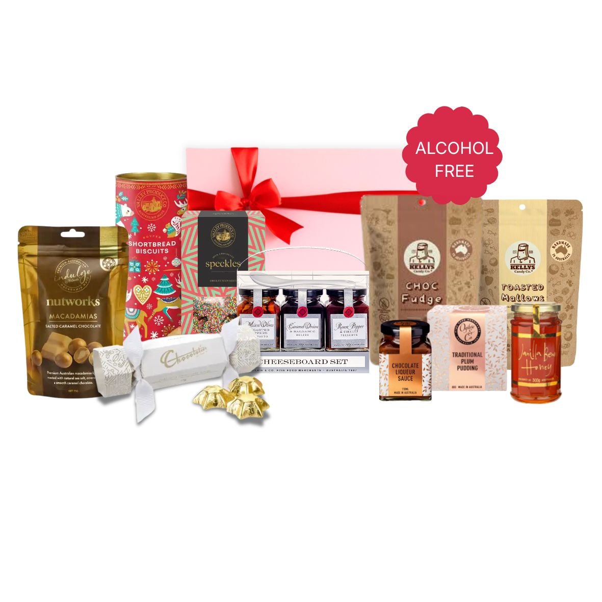 Deluxe Festive Grazing Gift Hamper with Ogilvie & Co cheeseboard set, shortbread, speckles, salted caramel macadamias, choc fudge, toasted mallows, Chocolatier bon bon, plum pudding, chocolate liqueur sauce and vanilla bean honey in a pink gift box with red ribbon