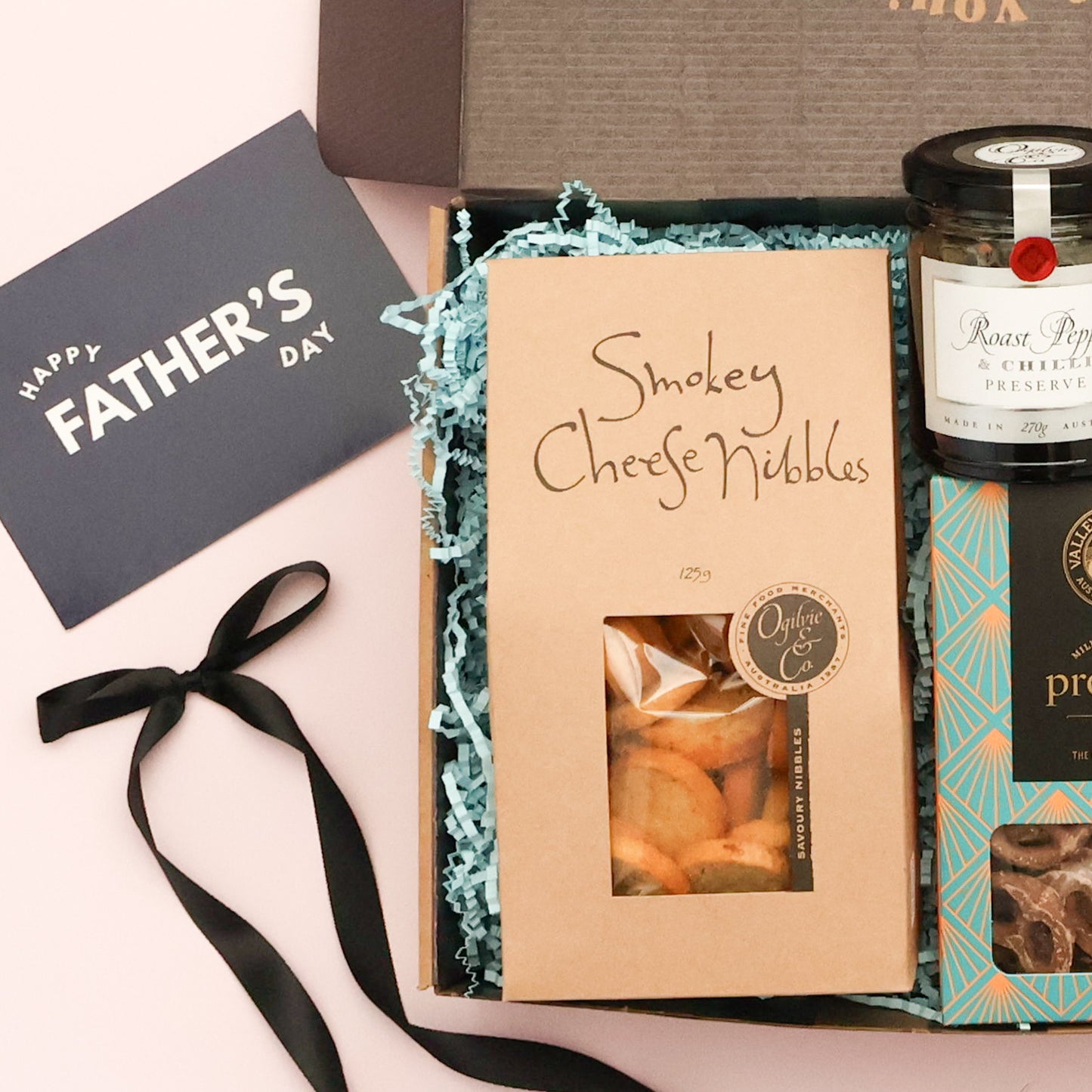 Smokey cheese nibbles and Happy Father's Day card in a gourmet Father's Day gift box