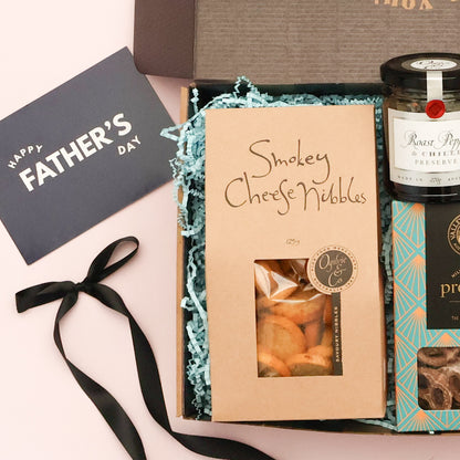 Smokey cheese nibbles and Happy Father's Day card in a gourmet Father's Day gift box