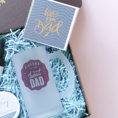 Frosted Best Dad beer stein and Love You Dad card in a Father's Day grooming gift hamper