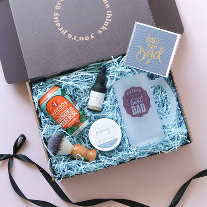 Father's Day grooming gift hamper with shaving brush, cream, beard oil, Best Dad stein and Matso's ginger beer