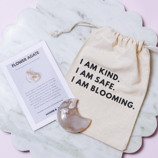 Flower agate crescent moon crystal with affirmation drawstring bag and information card – Goodie Box gift box add-on Perth