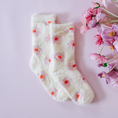 Cream Floral Fuzzy Socks