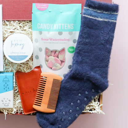 Get well soon gift box for him Perth with fluffy bed socks, Candy Kittens sweets, wooden beard comb and A Lil Luxury shaving cream