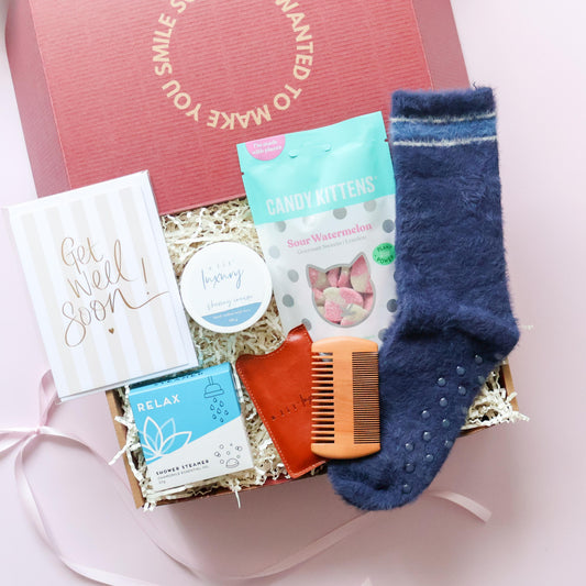 Get well soon gift box for him Perth with shower steamer, shaving cream, beard comb, bed socks, sweets and greeting card