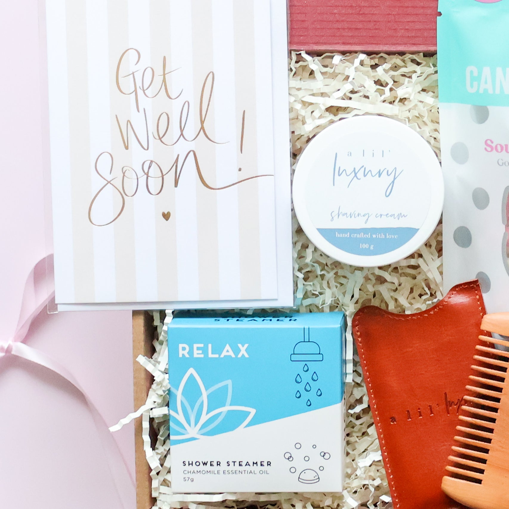 Get well soon gift box for him Perth with shaving cream, chamomile shower steamer, wooden beard comb and greeting card
