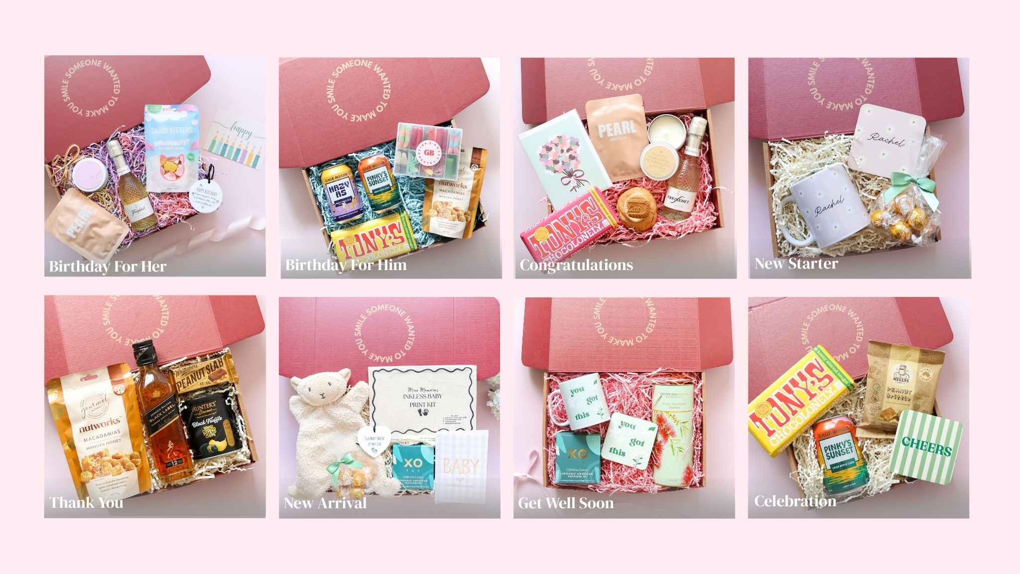 A 2x4 collage showing eight different corporate gift box ideas and themed gift sets, including Birthday Favour, Birthday For Him, Congratulations, New Starter, Thank You, New Arrival, Get Well Soon, and Celebration. Each pink gift box contains various packaged items, snacks, and small gifts on a light pink background.