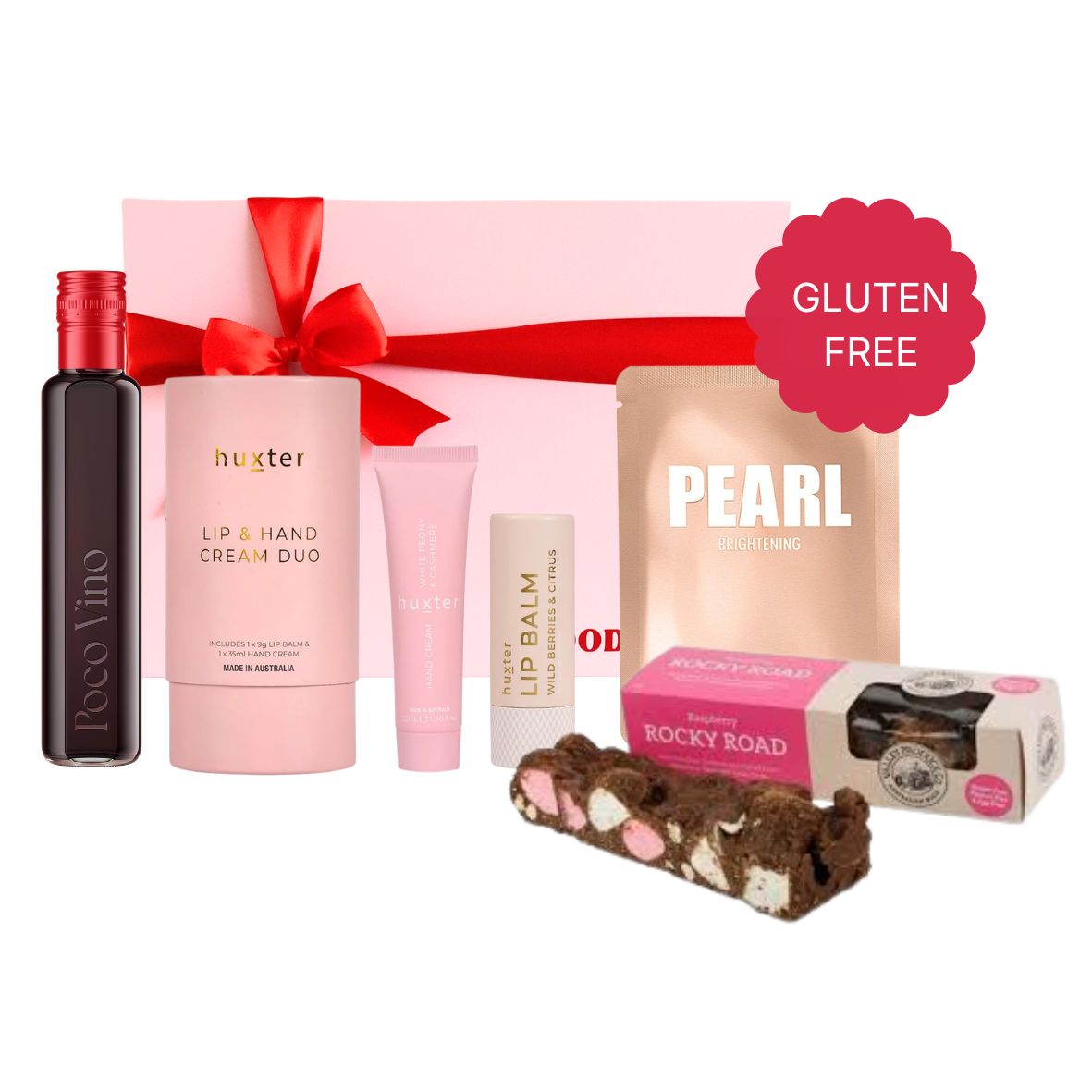 Gluten Free Pamper Hamper with Poco Vino red wine, Huxter lip and hand cream duo, Lapcos face mask and raspberry rocky road in a pink gift box with red ribbon