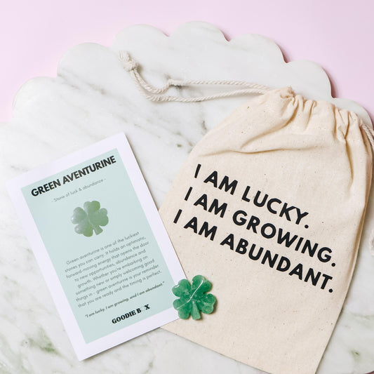 Green aventurine four leaf clover crystal with affirmation drawstring bag and information card – Goodie Box gift box add-on Perth