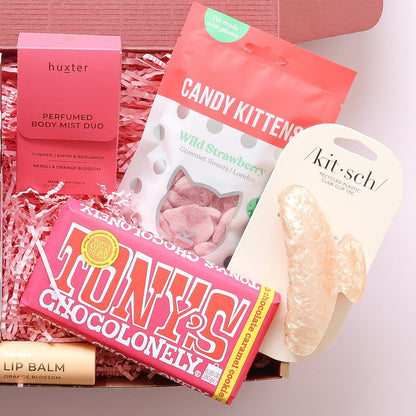gift hamper for her with Huxter body mist duo, Tony's Chocolonely chocolate, Candy Kittens sweets and Kitsch claw clip