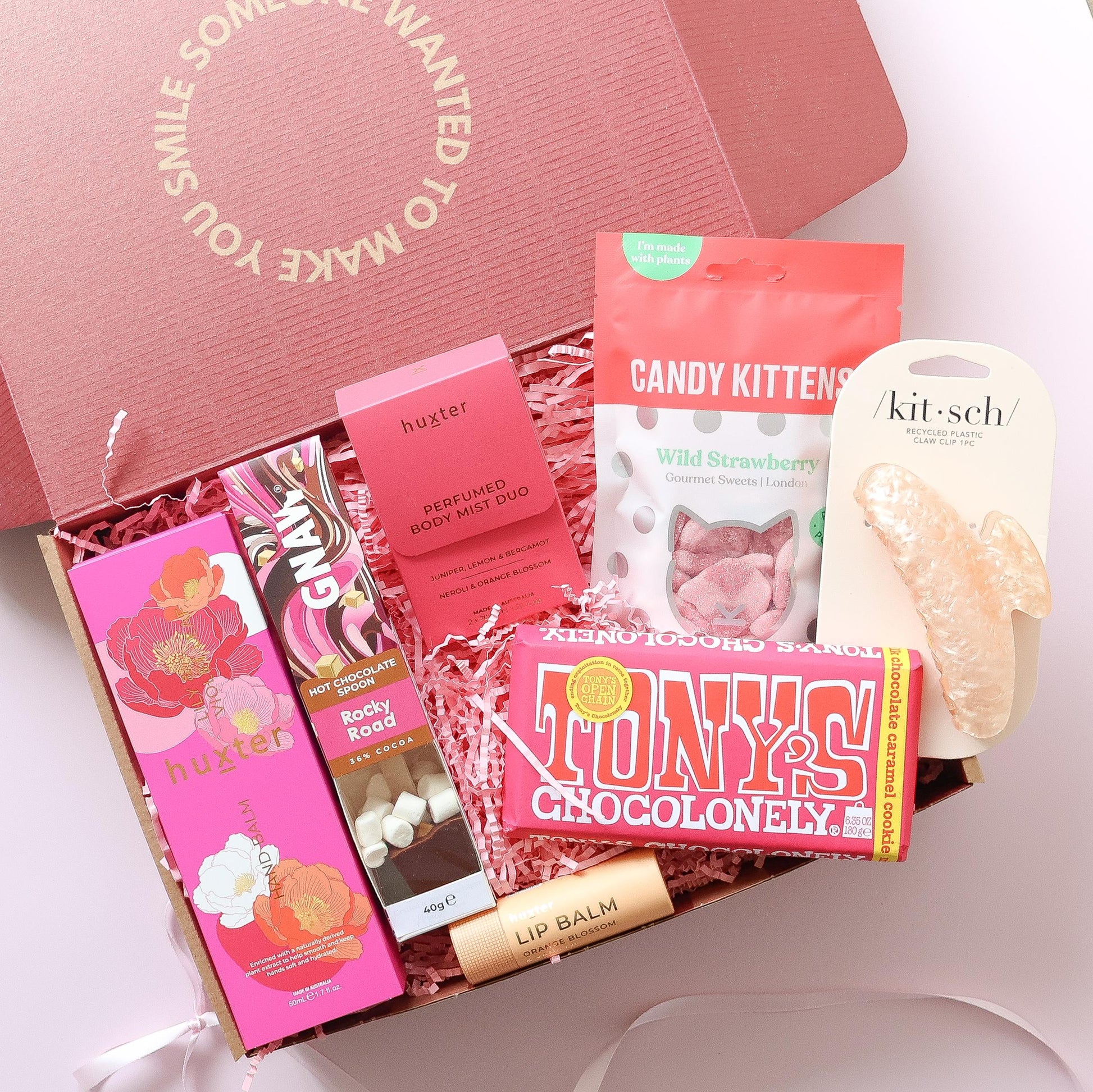 Deluxe gift hamper for her Perth with Huxter hand balm, body mist, lip balm, hot chocolate spoon, Tony's chocolate, sweets and claw clip