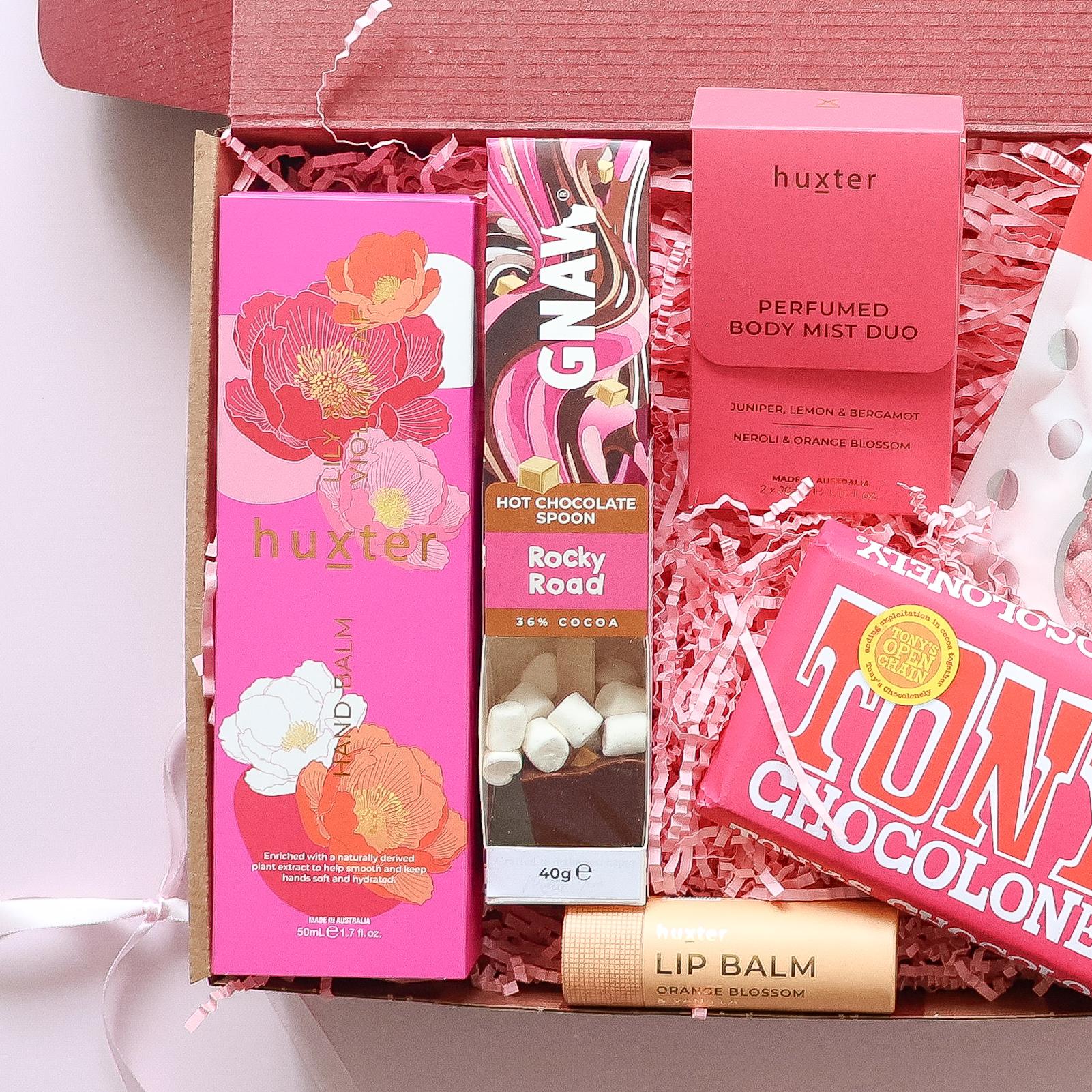 gift hamper for her Perth with Huxter hand balm, Gnaw hot chocolate spoon, body mist duo, lip balm and Tony's Chocolonely