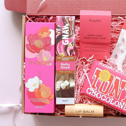 gift hamper for her Perth with Huxter hand balm, Gnaw hot chocolate spoon, body mist duo, lip balm and Tony's Chocolonely