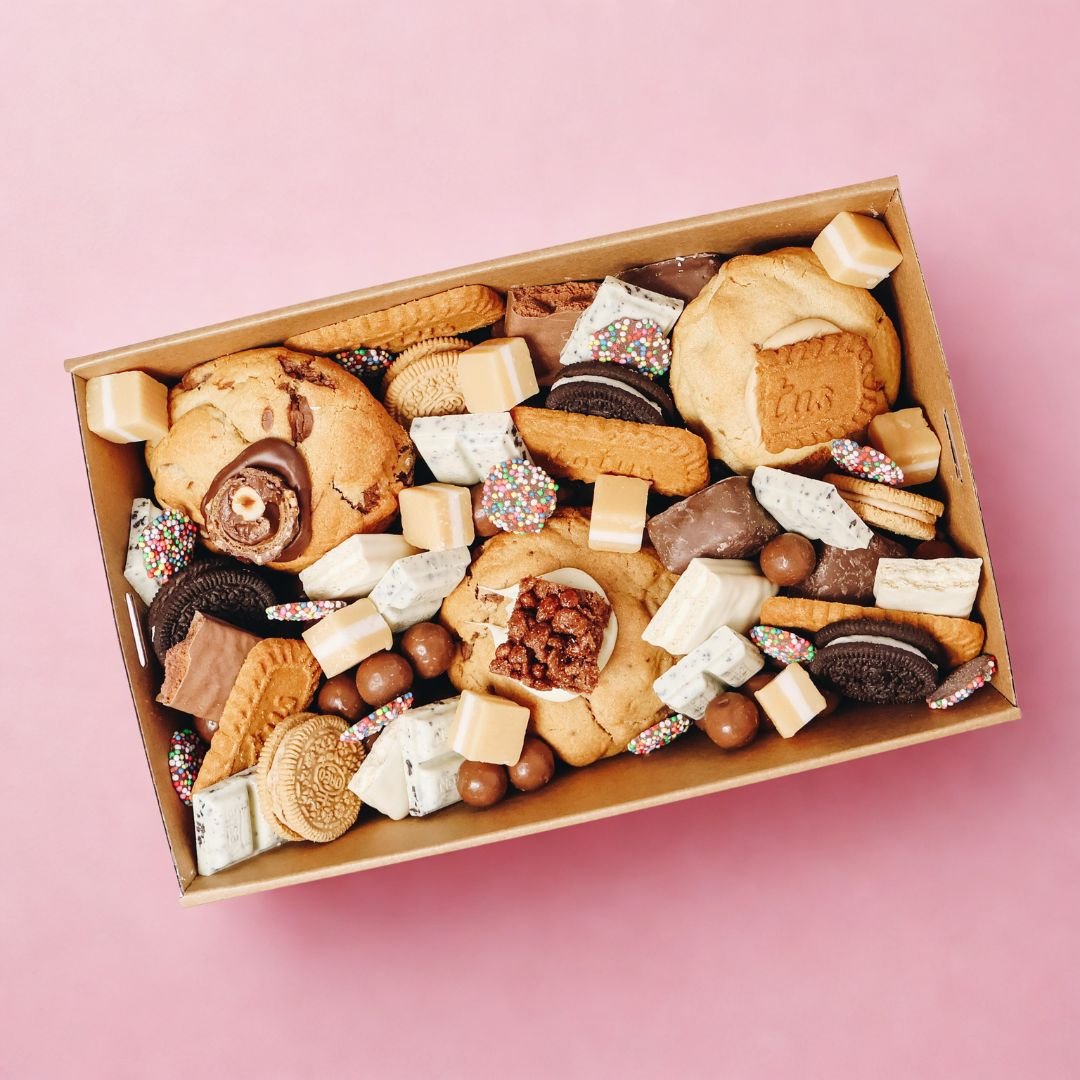 Flatlay overhead of Loaded Cookies Gift Box— Perth same day gift delivery by The Goodie Box