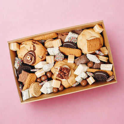 Flatlay overhead of Loaded Cookies Gift Box— Perth same day gift delivery by The Goodie Box