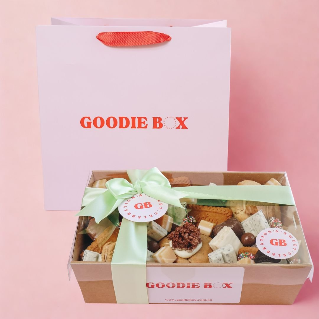 Loaded Cookies Gift Box Perth with green satin bow and branded gift bag — same day delivery