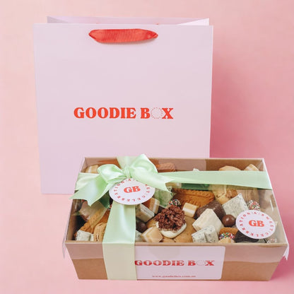 Loaded Cookies Gift Box Perth with green satin bow and branded gift bag — same day delivery
