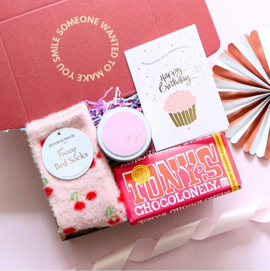 Mini happy birthday gift box for her with Annabel Trends cherry fuzzy bed socks Tony's Chocolonely and birthday candle tin in branded red box Perth