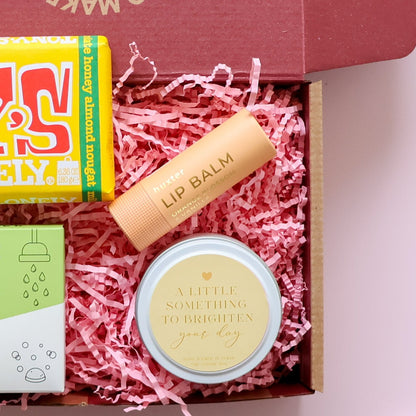 Just because gift box Perth with Tony's Chocolonely shower steamer Huxter lip balm and Brighten Your Day candle