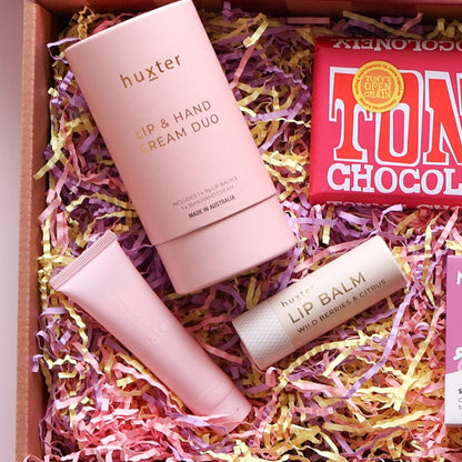 Huxter lip and hand cream duo with Tony's chocolate in a mini brighten your day gift box